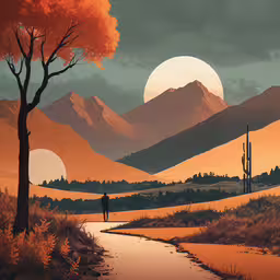 a person standing in front of a sunset over a desert,a painting of a lone person walking along a road by some desert mountains