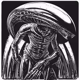 the image shows an alien man with long legs and large head, who has a huge arm