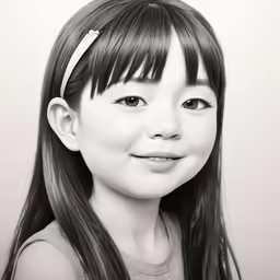 the young girl has long hair and is wearing a grey shirt
