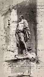 an old photo of a statue that looks to be handwritten