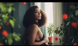 a woman is staring out the window with her hair flying