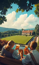 two people sitting on a park bench holding mugs of beer