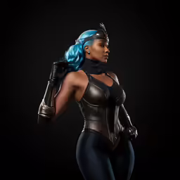 a woman in black and gold leather clothing with a blue ponytail