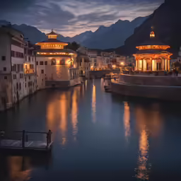 a small boat in a harbor surrounded by houses and mountains