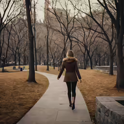 a woman walking down a sidewalk near some trees