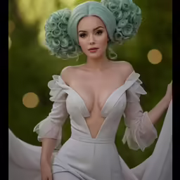 an image of a woman wearing green wig and dress