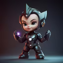 a cute robot girl wearing headphones holding an object