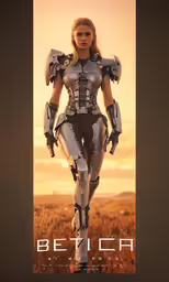 a woman with some armor on is walking in the grass