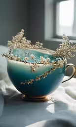 a teal colored bowl with some flowers in it