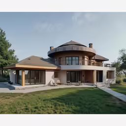 the modern day building has large windows and large grass area