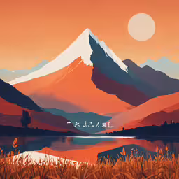 there is a painting of some mountains at sunset,a painting of the mountains and the lake are shown