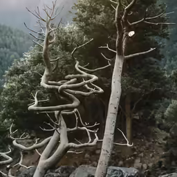 the tall and twisting trees are near a mountain