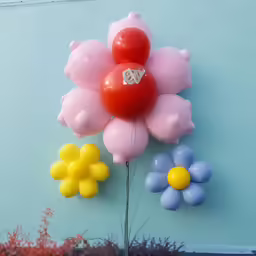 the colorful balloons are arranged on a blue wall