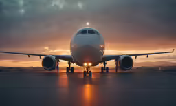an airplane sits on the runway at sunrise