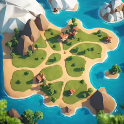 an island with a few huts in it