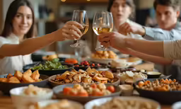 two people toasting while standing at a dinner table
