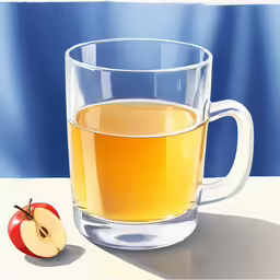 a glass of apple cider next to an apple