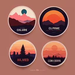 three badges that have a landscape of mountains and trees on them,four badges that show various scenes in the night