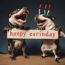 two dogs in hats and birthday candles in their mouths