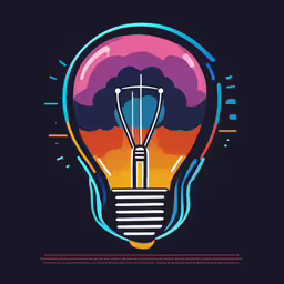 the words light, and an abstract image in the middle,a light bulb with a blue background and a pink and purple sky in the middle