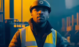 a man in a safety jacket in front of some yellow boxes
