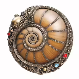 a small, decorative shell has several different colored stones