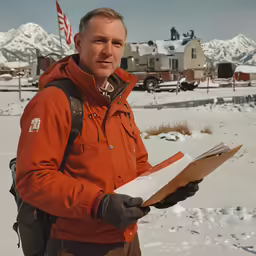 man in orange jacket looking at documents in snow covered area