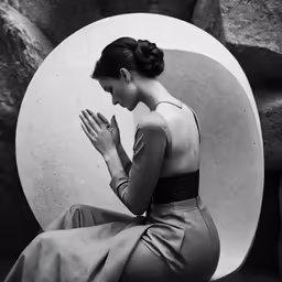 a woman sits on a bench in a dress and prays