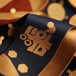 a ribbon has the symbol of a gold doted number and the word, 50