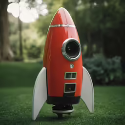 a very cute looking rocket ship sitting on top of the grass