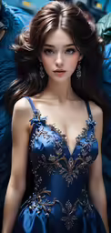 a young woman wearing a dark blue dress