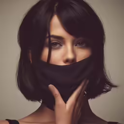 a young woman is covering her face with a black mask
