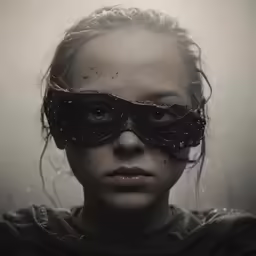 a woman is wearing a blindfold and covering her face