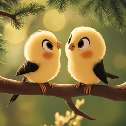 two little birds that are sitting on a tree branch