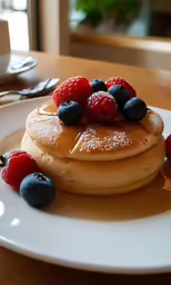 a stack of pancakes covered in powdered sugar, berries and syrup