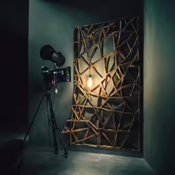 a camera in front of a mirror with a light inside