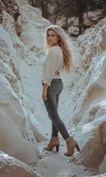 a girl standing in the snow with her hair blowing back