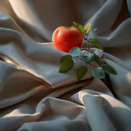 an apple on the tip of a green leaf resting on white fabric