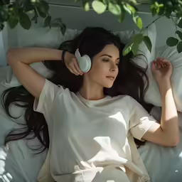 a girl laying in bed with her headphones on her ears
