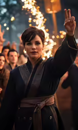 a woman is posing with her hands up