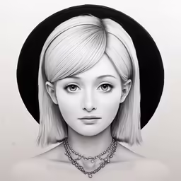 a drawing of a woman with a hat and necklace
