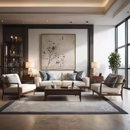 a living room with large windows and a painting on the wall