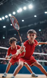 two young boys holding tennis rackets on a court