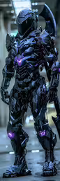 a robot with armor and purple lighting in front of a building,a futuristic robot standing in front of a mirror