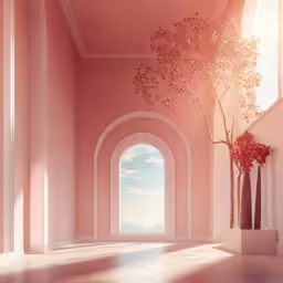 a vase filled with red flowers in a pink room