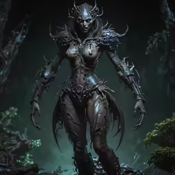 a dark skinned woman stands among the woods