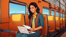 an animated picture of a woman with a laptop on a train,an animated woman holding her laptop on a train