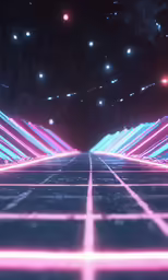 a neon light filled room with a long line