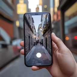 someone is taking a picture of an empty street in a cell phone
