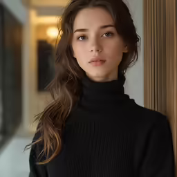 a woman standing against a wall, looking up at the camera